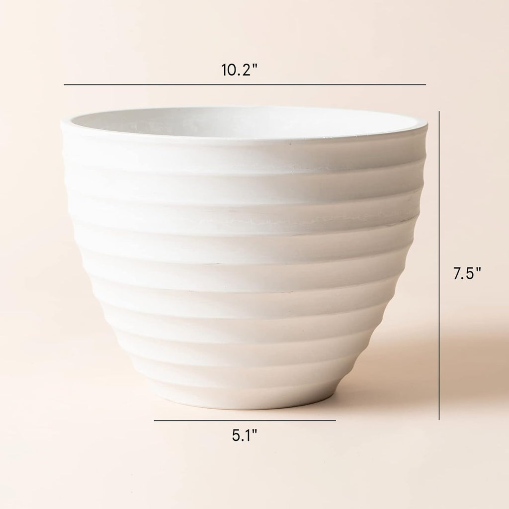 10.2” Fluted White Flower Pot – Indoor Outdoor Stone Look Garden Planter