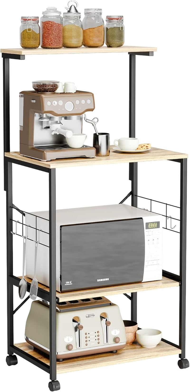 Stylish 4-Tier Kitchen Baker's Rack with Wheels - Versatile Utility Storage Shelf & Microwave Stand - Oak Wood Organizer with Side Hooks and Adjustable Feet
