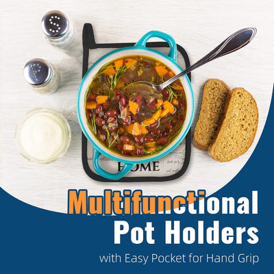 Premium Quilted Cotton Pot Holders - 4-Pack Dual-Function Heat Resistant Hot Pads and Oven Mitts for Cooking & Baking (7 x 9 Inches)