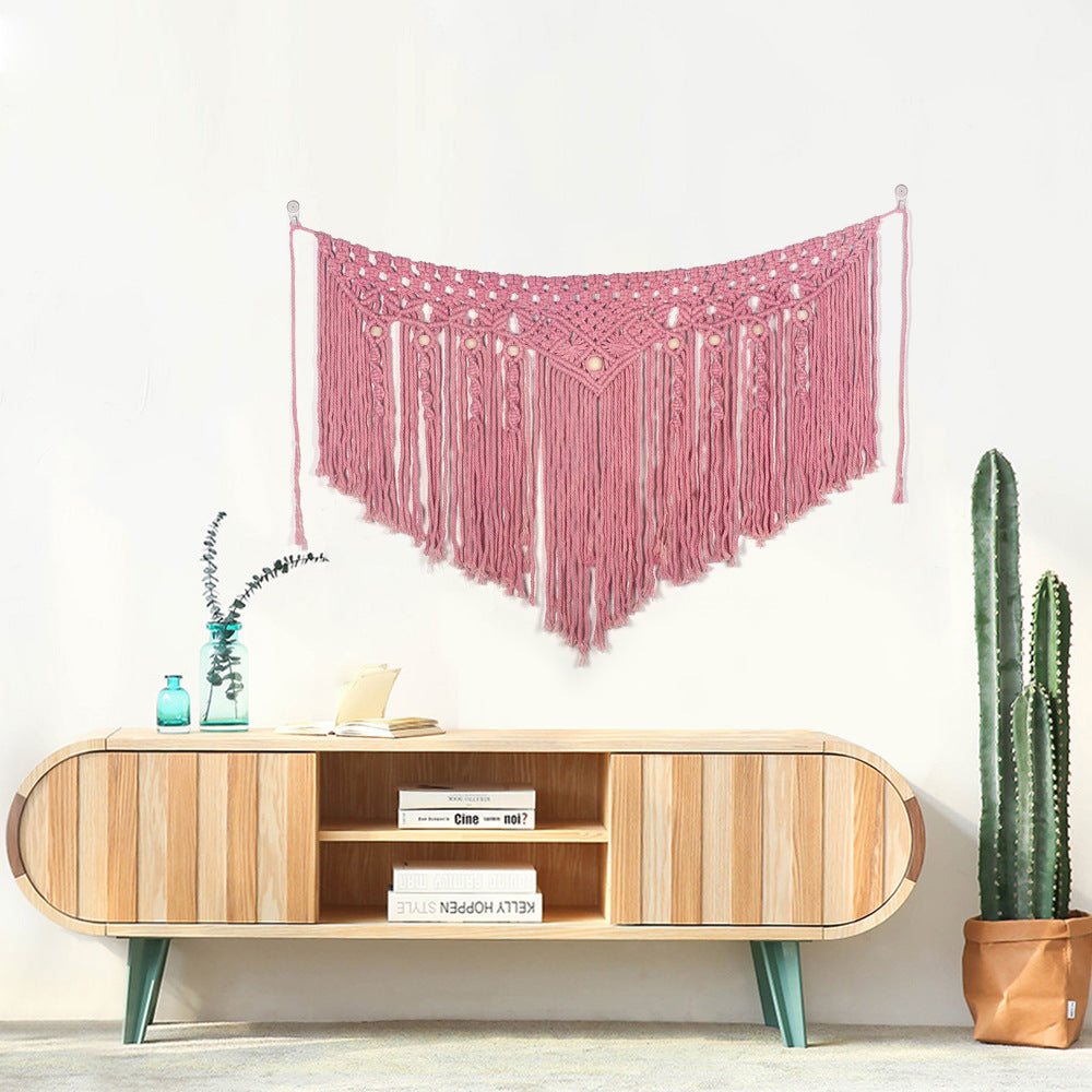 Pink bohemian cotton woven wall tapestry by Cavira, featuring basket weave design, ideal for bedroom decor, sofa background, or weddings.