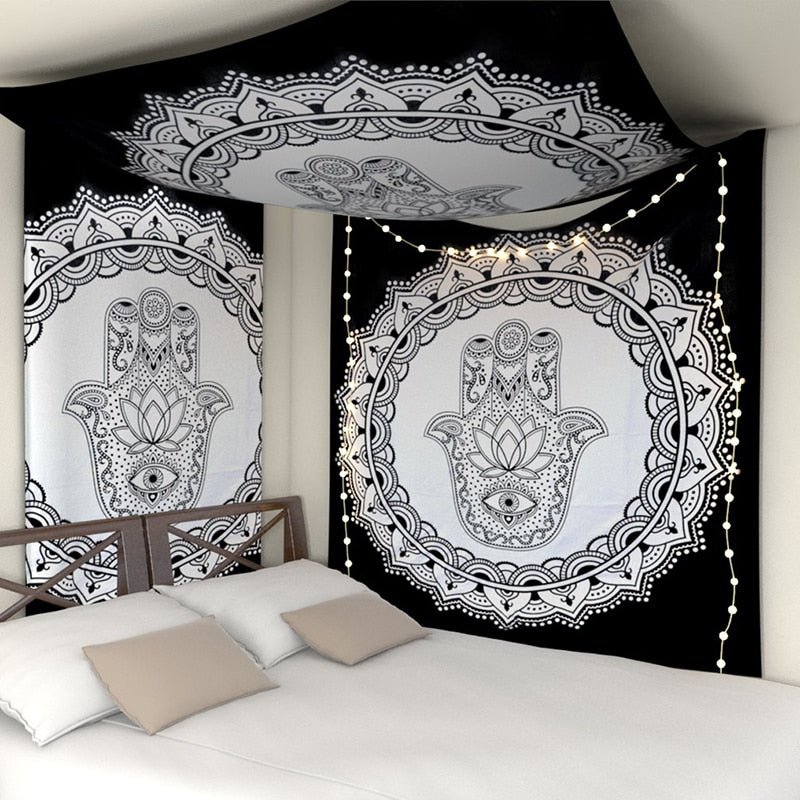 Bohemian Mandala floral wall hanging tapestry by Cavira, square polyester wall decor with tribal style for bedroom or living room.