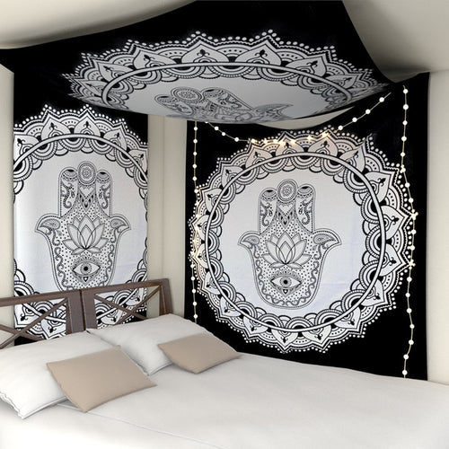 Bohemian Mandala floral wall hanging tapestry by Cavira, square polyester wall decor with tribal style for bedroom or living room.