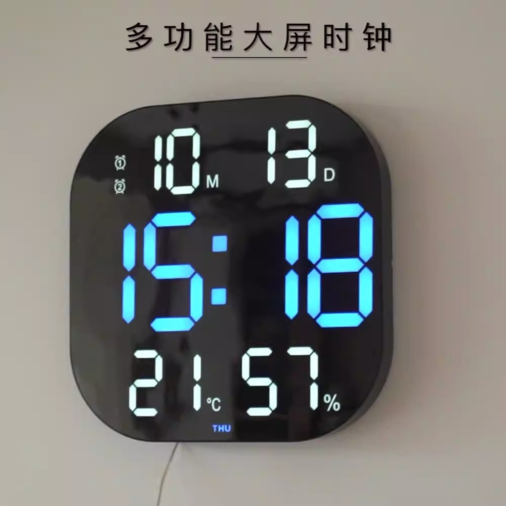 Cavira LED acrylic smart wall clock with digital display, thermometer, alarm, countdown, and night light in a modern living room setting