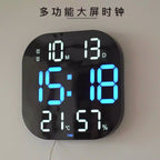 Cavira LED acrylic smart wall clock with digital display, thermometer, alarm, countdown, and night light in a modern living room setting