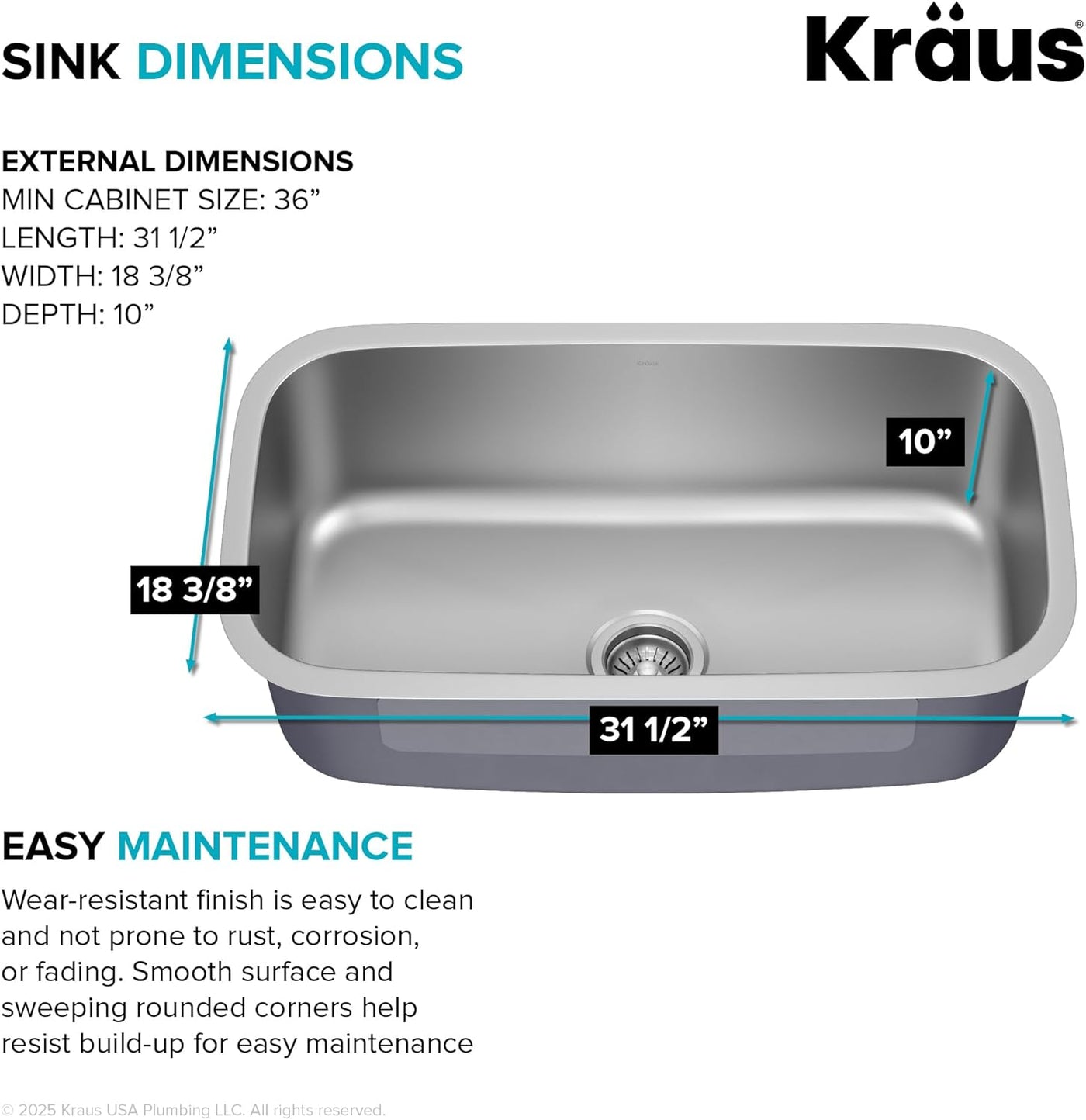 Durable 31.5" Undermount Stainless Steel Kitchen Sink - 18 Gauge Single Bowl KBU14