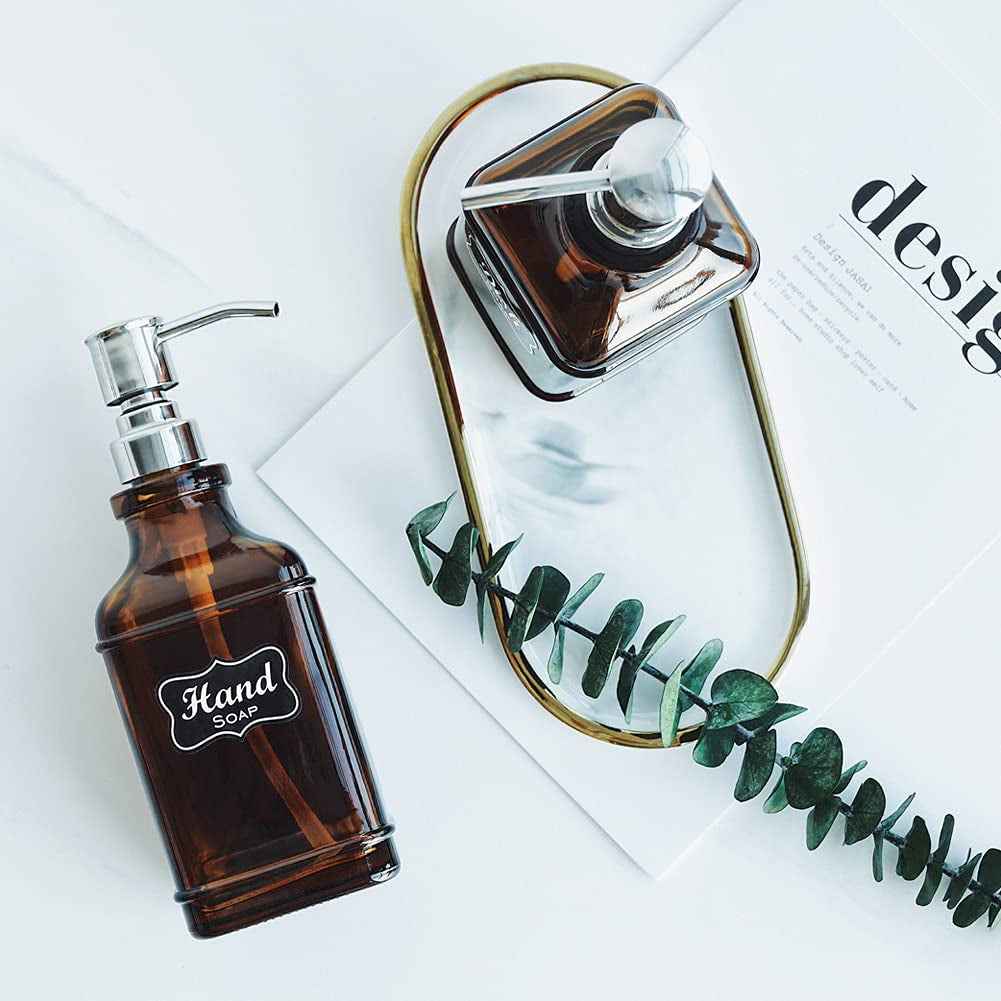 2Pack Paris Style Amber Soap Dispenser with Rust Proof Stainless Steel Pump, Refillable Kitchen Soap Dispenser with 6Pcs Stickers, Premium Hand Soap Dispenser for Kitchen Bathroom (Amber) - GG store