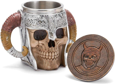 Stainless Steel Viking Skull Mug & Coaster Set - Double Handle Horn Tankard for Beer, Coffee & Beverages - 17oz Medieval Drinkware
