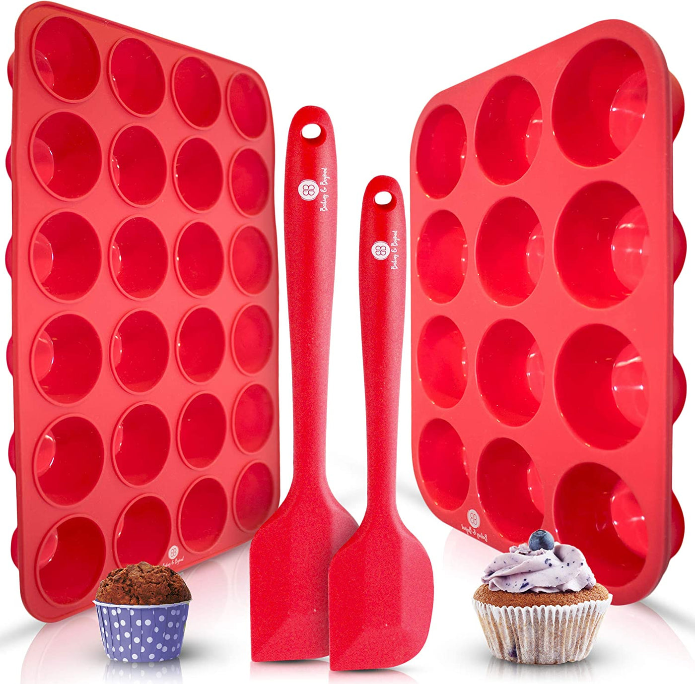 Versatile Premium Silicone Muffin and Cupcake Pan Set - 12 Cup Muffin Tray & 24 Mini Cupcake Molds with 2 Spatulas - Non-Stick Baking Essentials