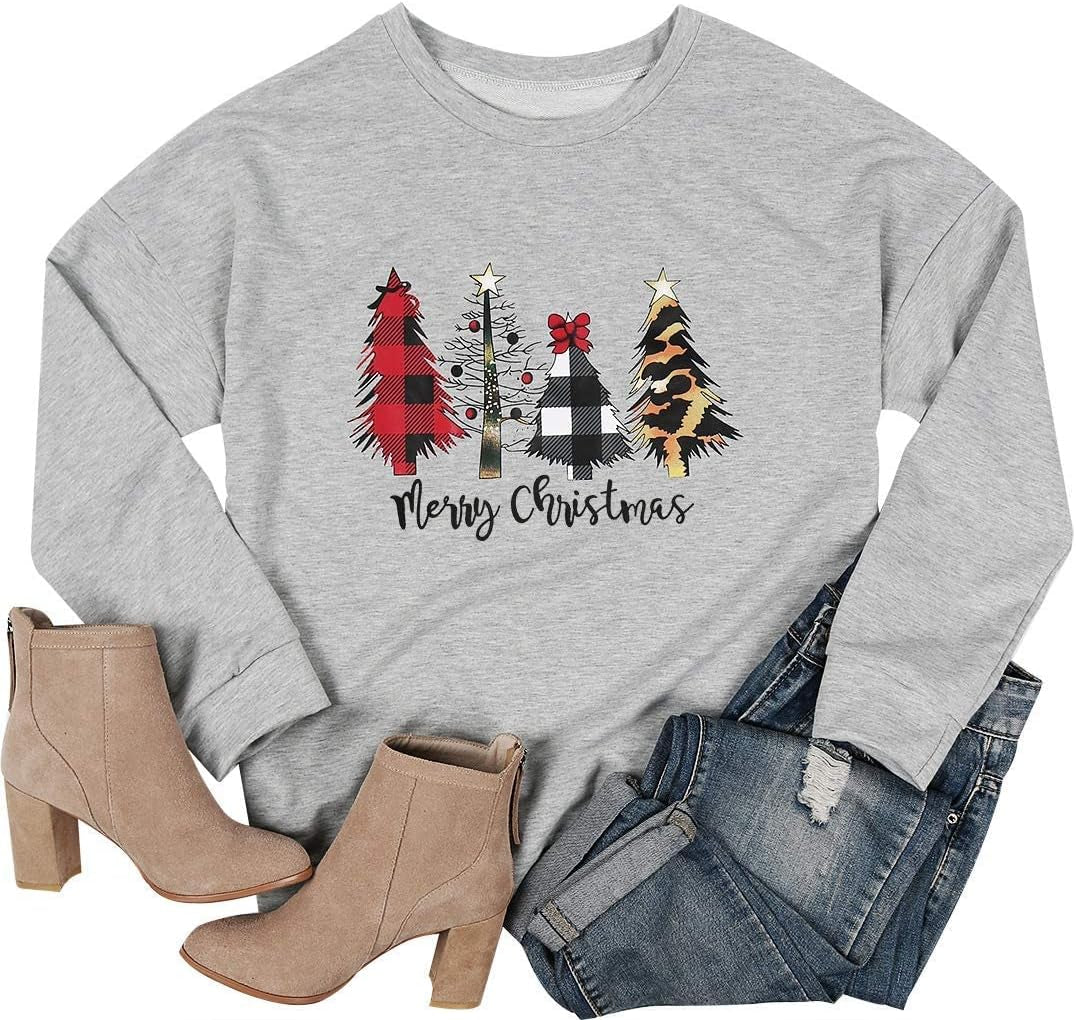 Festive Women’s Christmas Sweatshirt - Cheerful Merry Christmas Trees Graphic Pullover for Holiday Parties