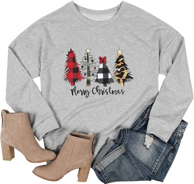Festive Women’s Christmas Sweatshirt - Cheerful Merry Christmas Trees Graphic Pullover for Holiday Parties