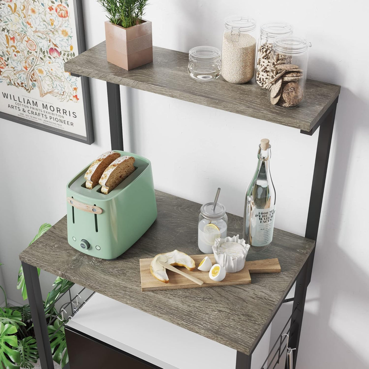 Versatile Kitchen Bakers Rack with Wheels - Microwave Stand & Utility Storage Shelf with 10 Hooks and Adjustable Feet