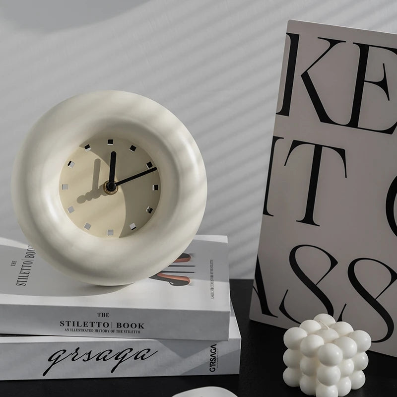 Vintage Iron Desk Clock by Cavira, 18x18cm retro industrial style in white and black, perfect for bedroom, living room, or study.