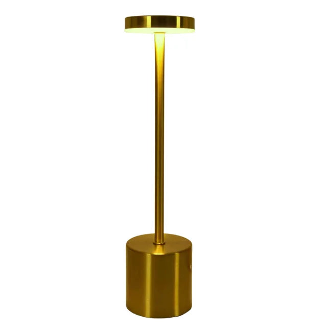 Cavira minimalist iron desk lamp with touch dimmer, 3-color LED, cordless rechargeable design, in white, black, and gold.