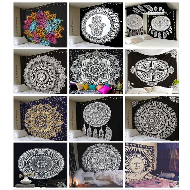 Colorful mandala boho tapestry wall hanging by Cavira, featuring psychedelic beach design for bedroom, living room, or outdoor decor.