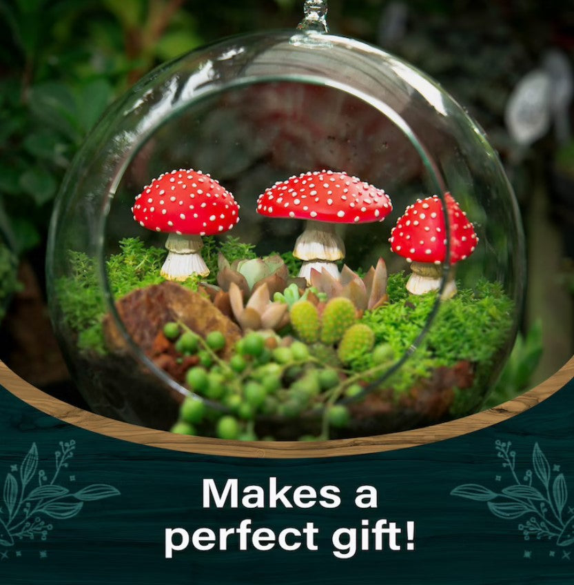 Set of glow-in-the-dark resin mushroom garden ornaments by Cavira, perfect for fairy or cottagecore outdoor garden décor.