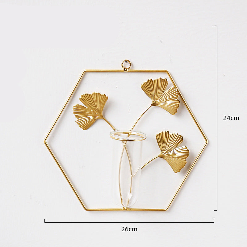 Golden iron wall-mounted hydroponic vase by Cavira, Scandinavian glass wall hanging for living room, bedroom, or home decor.