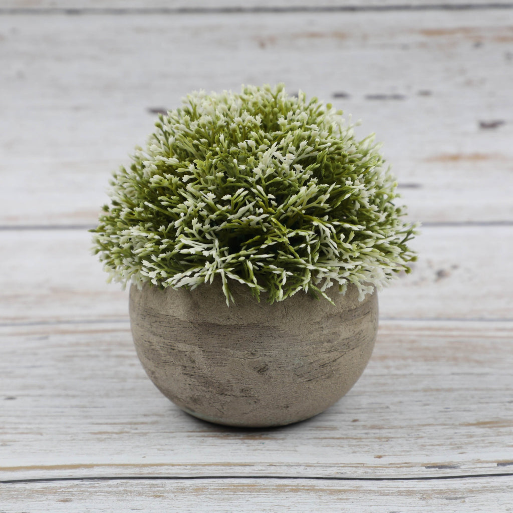 Artificial Bonsai desktop plant in a semi-round pulp pot with faux grass and botanical arrangement, perfect for home or office decor.