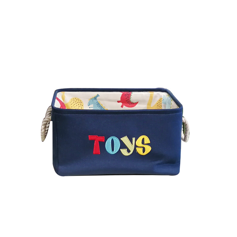 Canvas folding dinosaur storage basket with colorful embroidery, ideal for kids' toys and stationery in bedrooms and nurseries.