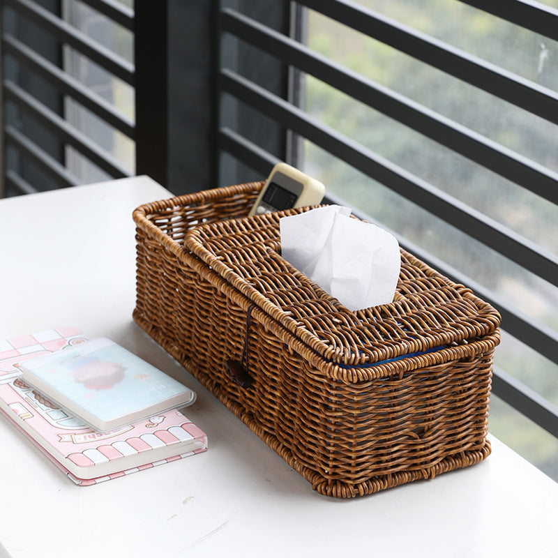 Dark and light rattan-style plastic storage box for tissues and remote controls, 31x13x9cm, multifunctional for living and dining rooms.