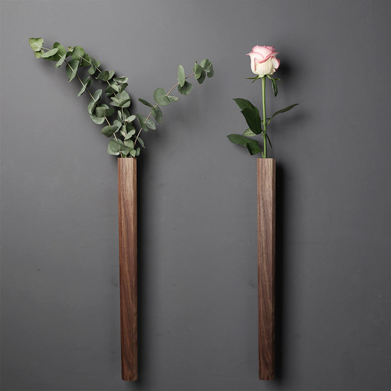 Solid wood wall hanging vase with glass insert by Cavira, hydroponic flower vase for living room or bedroom decor.