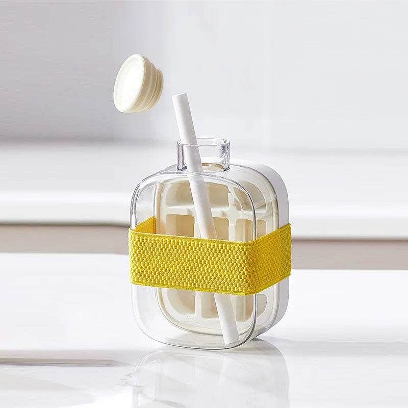 Cavira 2-in-1 ice cube maker bottle with lid and straw, portable press ice tray kettle for home, office, and travel use.