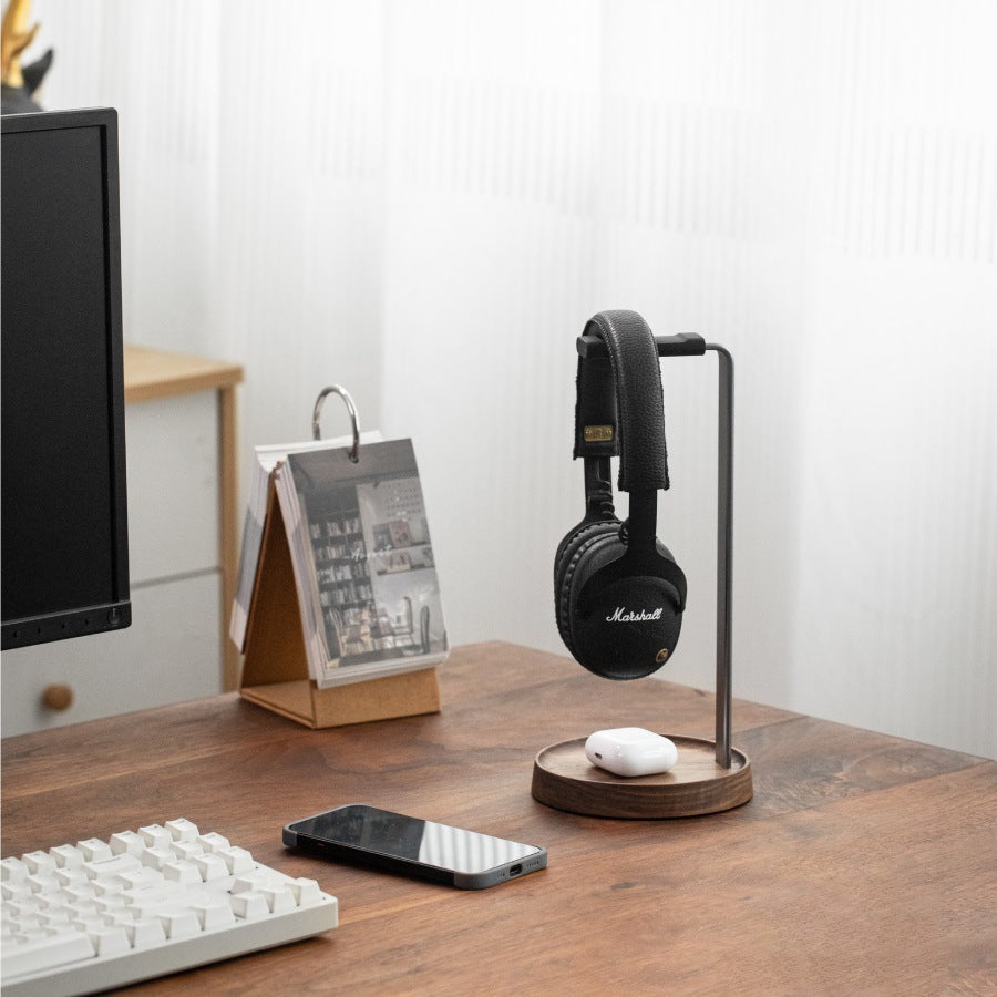 Premium Walnut Wood Headphone Stand – Desk Gaming & Audio Headset Holder