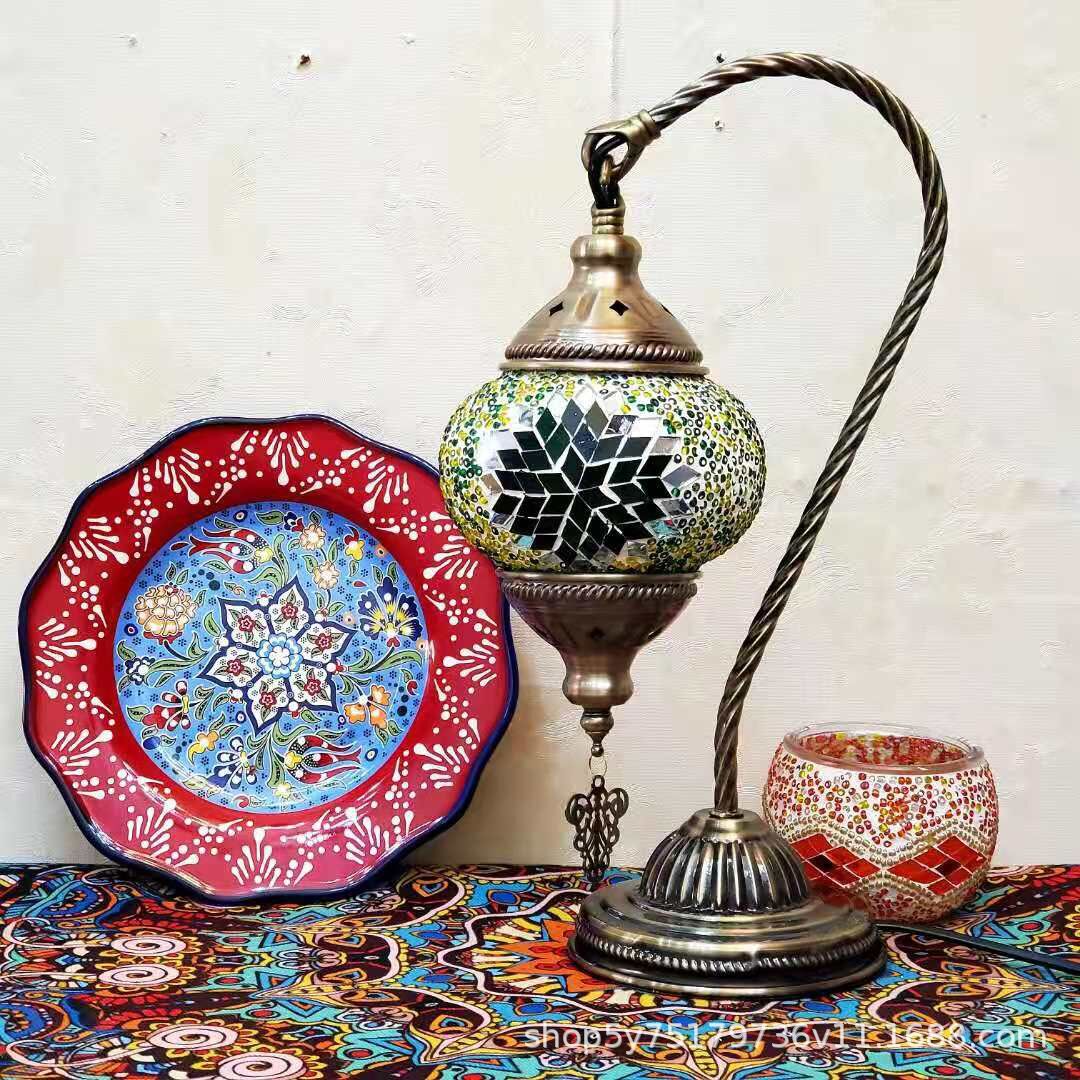 Moroccan Mosaic Glass Table Lamp by Cavira with stained glass and bronze iron, 22cm x 38cm, featuring intricate mosaic designs.