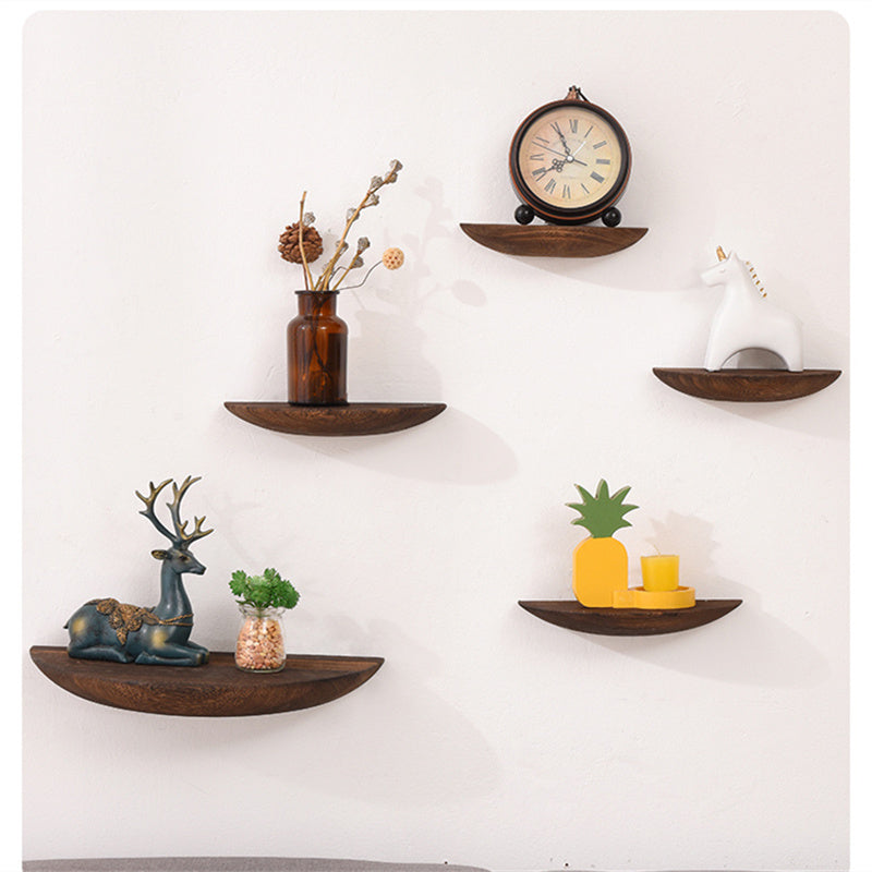 Wooden semicircle wall shelf by Cavira, floating half circle display shelf for bedroom, living room, and home decor storage.