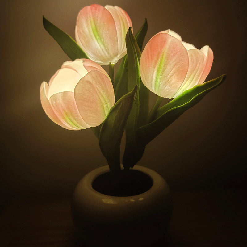 Cavira LED Tulip Ceramic Pot Night Light with faux tulip flower, 3 light modes, 5 colors, rechargeable battery, ideal for bedroom or desk decor.