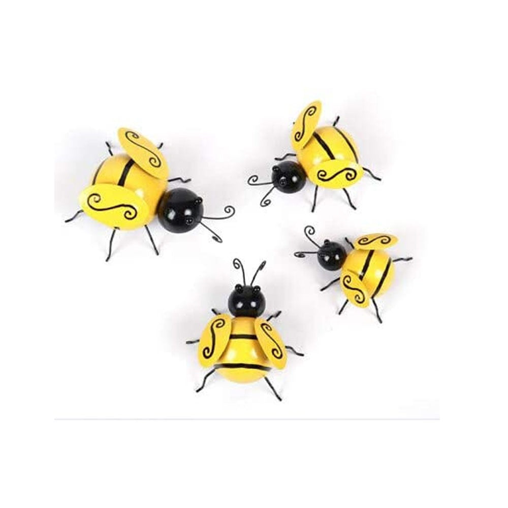 Set of four Cavira Iron Bee wall art sculptures, 3D metal animal wall hangings for home, garden, and rustic farmhouse decor.