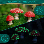Set of glow-in-the-dark resin mushroom garden ornaments for fairy gardens, outdoor décor, and whimsical cottagecore garden accents.