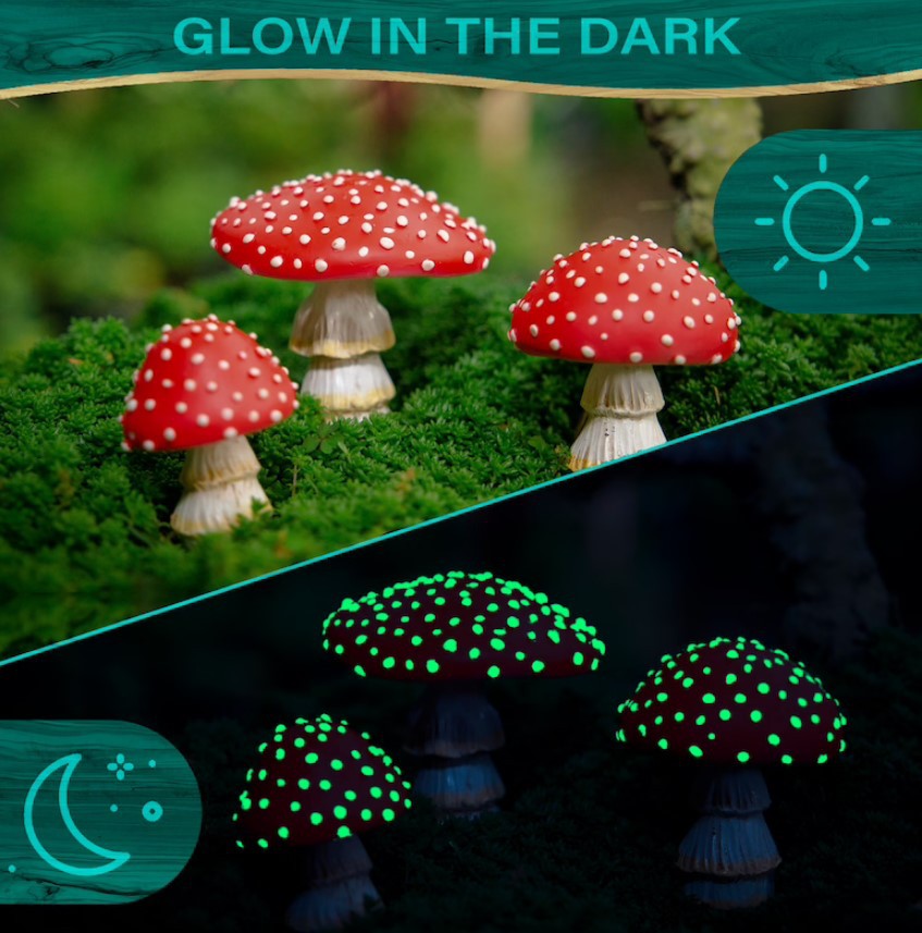 Set of glow-in-the-dark resin mushroom garden ornaments for fairy gardens, outdoor décor, and whimsical cottagecore garden accents.