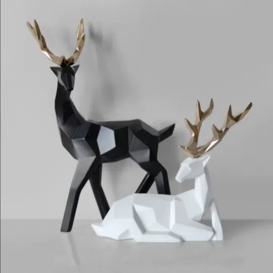 Eprolo Fortune Deer resin figurines in black, gold, and white, sitting and standing, modern minimalist home decor, 17-30cm tall