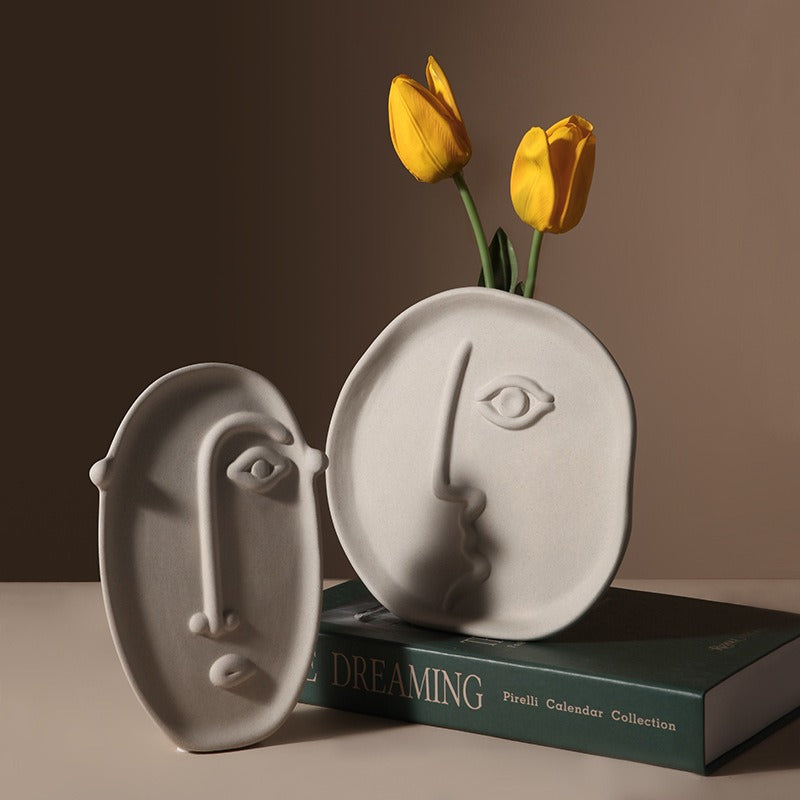 Ceramic vase with geometric abstract face design by Cavira, perfect for home decor, shelf styling, or gifting.