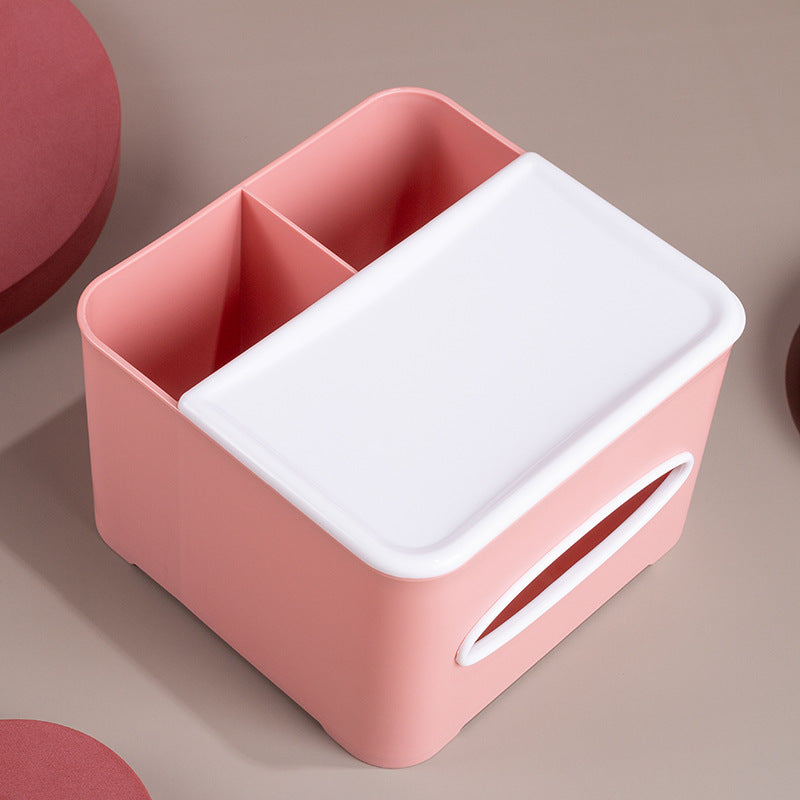 Modern pink and green tissue and remote control storage box with 2 and 5 grid compartments, minimalist design for living room or bathroom.