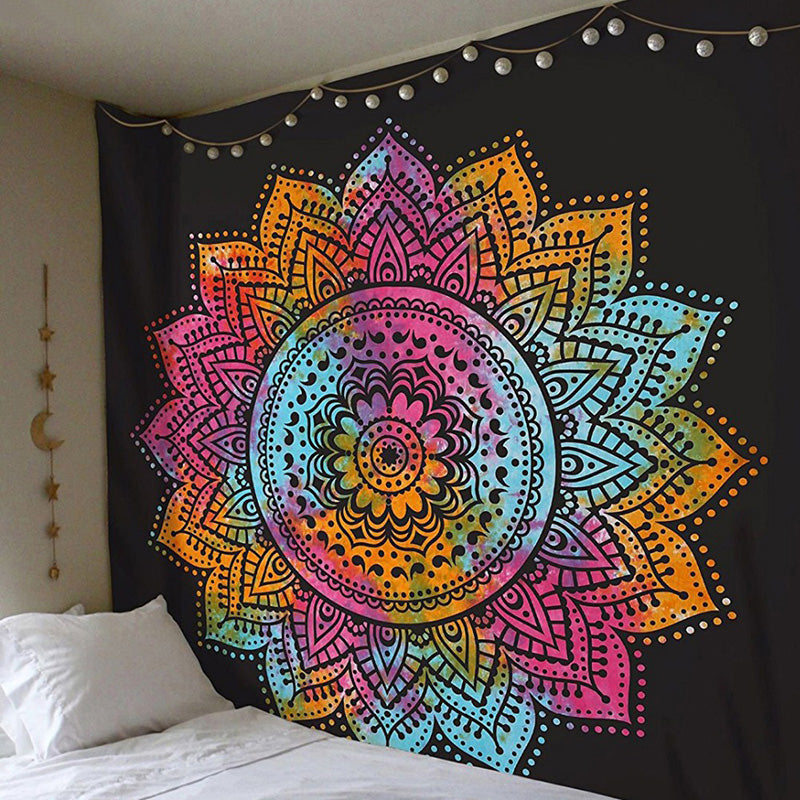 Colorful bohemian mandala floral wall hanging tapestry by Cavira, square polyester decor for bedroom, living room, or boho home.