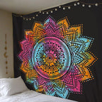 Colorful bohemian mandala floral wall hanging tapestry by Cavira, square polyester decor for bedroom, living room, or boho home.
