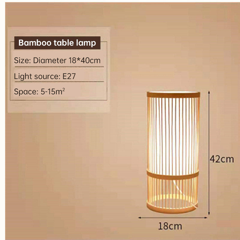Bamboo woven LED desk lamp by Cavira with warm, tricolor, dimmable light and remote control, ideal for bedroom or living room decor.