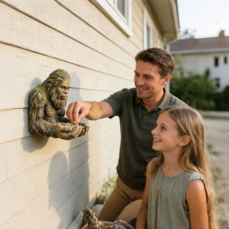 Resin Bigfoot Sasquatch bird feeder with weather-resistant design, outdoor wildlife decor for garden, patio, and yard.