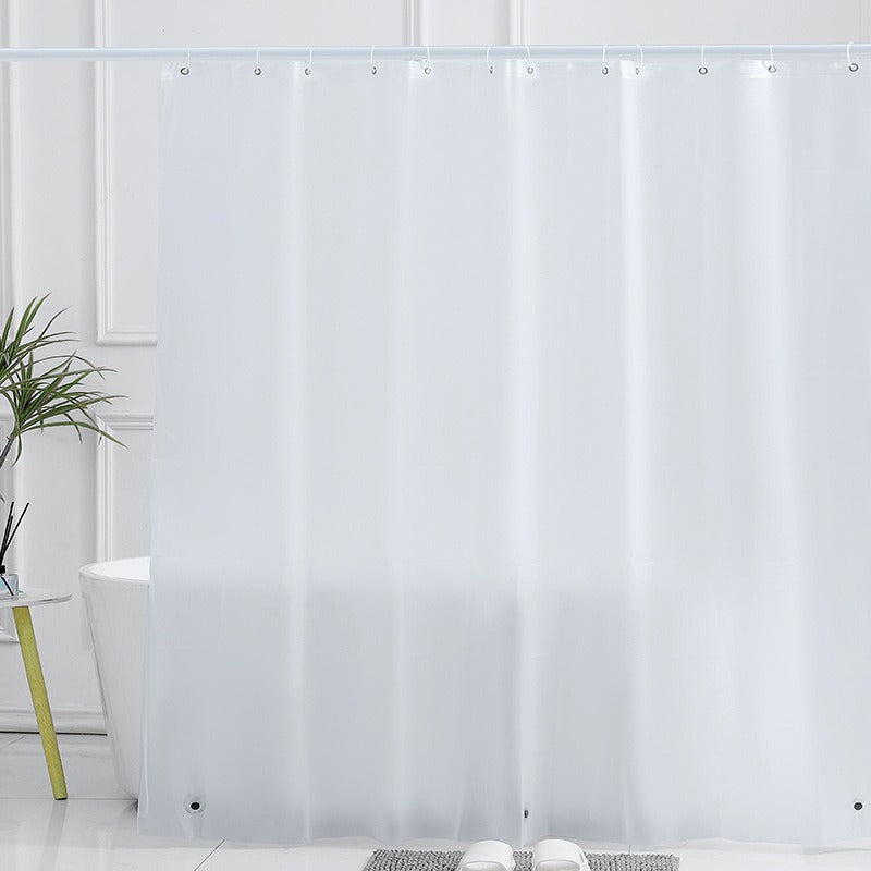 Frosted PEVA shower curtain with metal eyelets, 180x180cm, semi-transparent waterproof bathroom curtain with white design and hooks