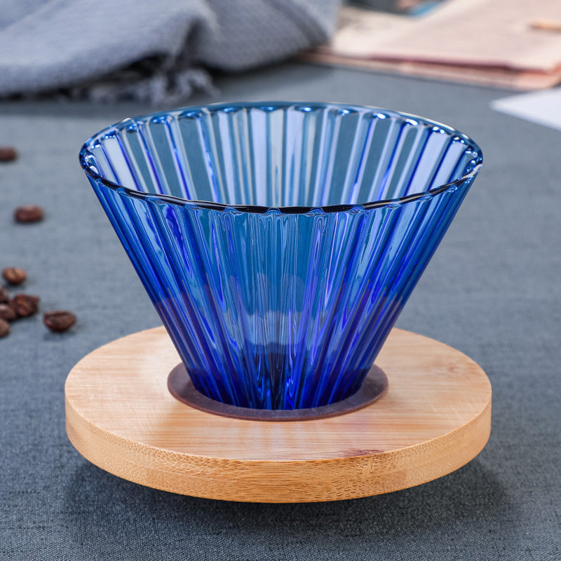 Coloured glass pour-over coffee dripper and cloud pot set with wooden tray, Cavira minimalist Japanese coffee accessory.