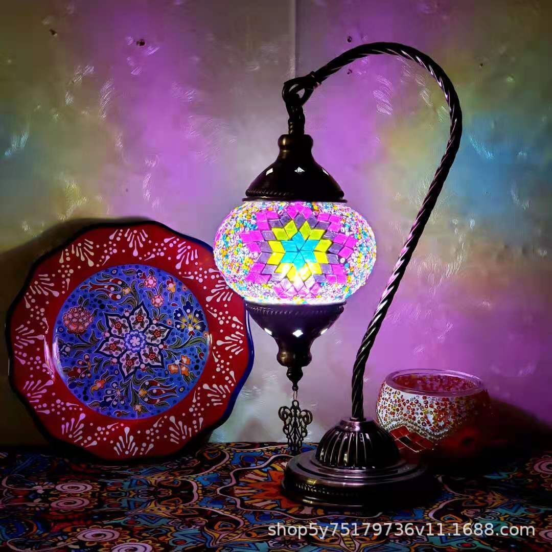 Moroccan mosaic glass table lamp by Cavira with stained glass and bronze iron, featuring 16 designs, ideal for bedside or decor.