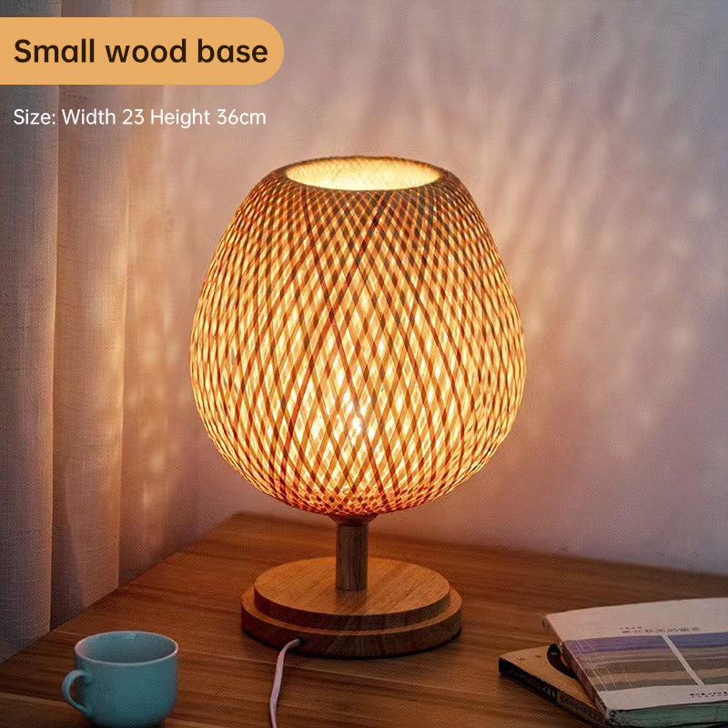 Bamboo woven LED desk lamp by Cavira with warm, tricolor, dimmable light, remote control, suitable for bedroom, living room, or study.