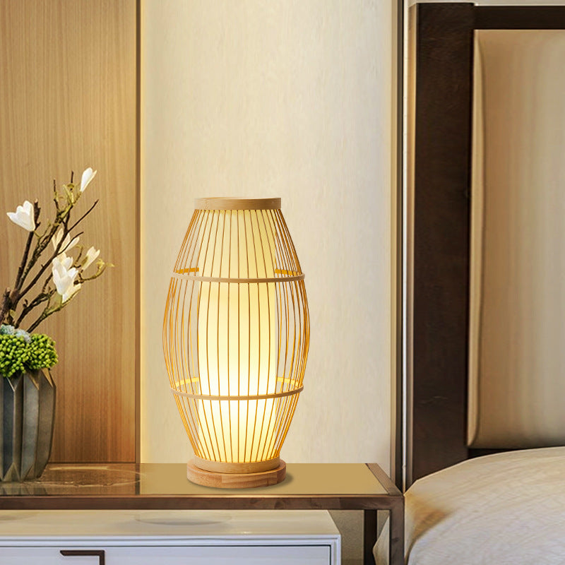 Bamboo woven LED desk lamp by Cavira with warm, tricolor, dimmable light and remote control, suitable for bedroom, living room, or study.