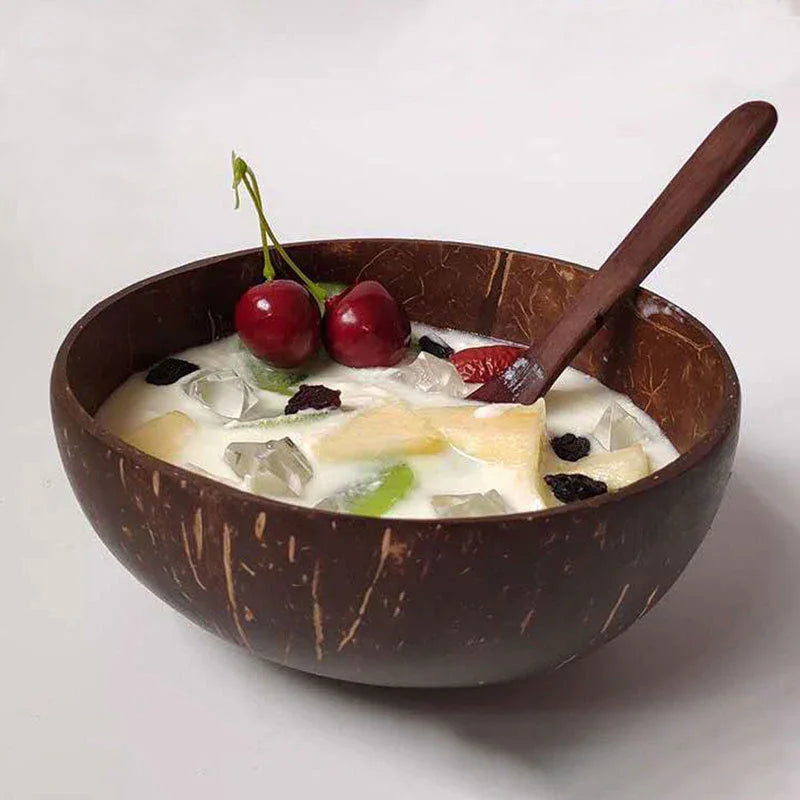 Handmade natural coconut shell bowl by eprolo for serving fruit, salads, or kitchen storage, eco-friendly and rustic in appearance.