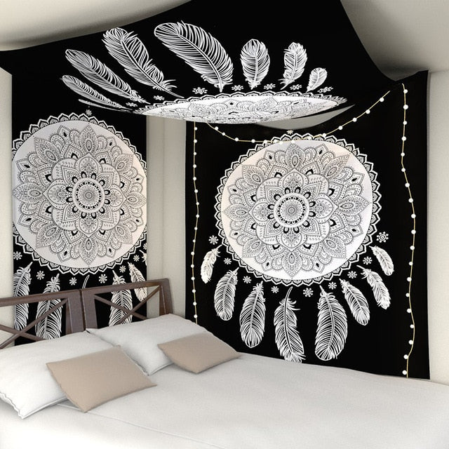 Bohemian Mandala floral tapestry by Cavira featuring tribal style square wall decor for bedroom and living room.