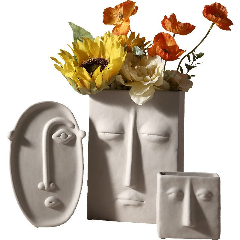 Cavira geometric abstract face ceramic vase with modern porcelain design, ideal for home decor, shelf styling, or gifting