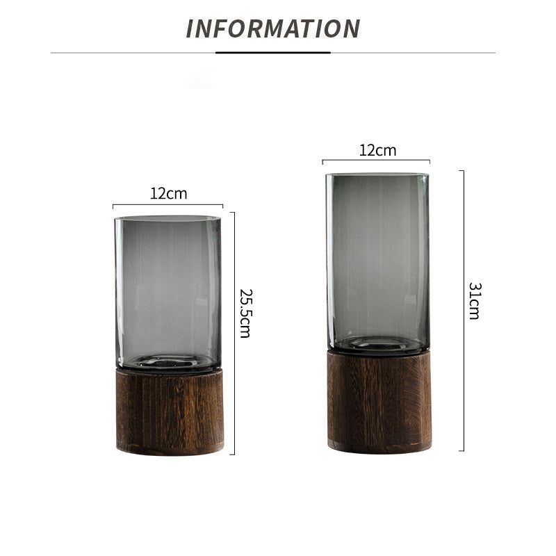 Rustic wooden glass vase with smoke grey finish by Cavira, ideal for living room or dining table Nordic home decor.