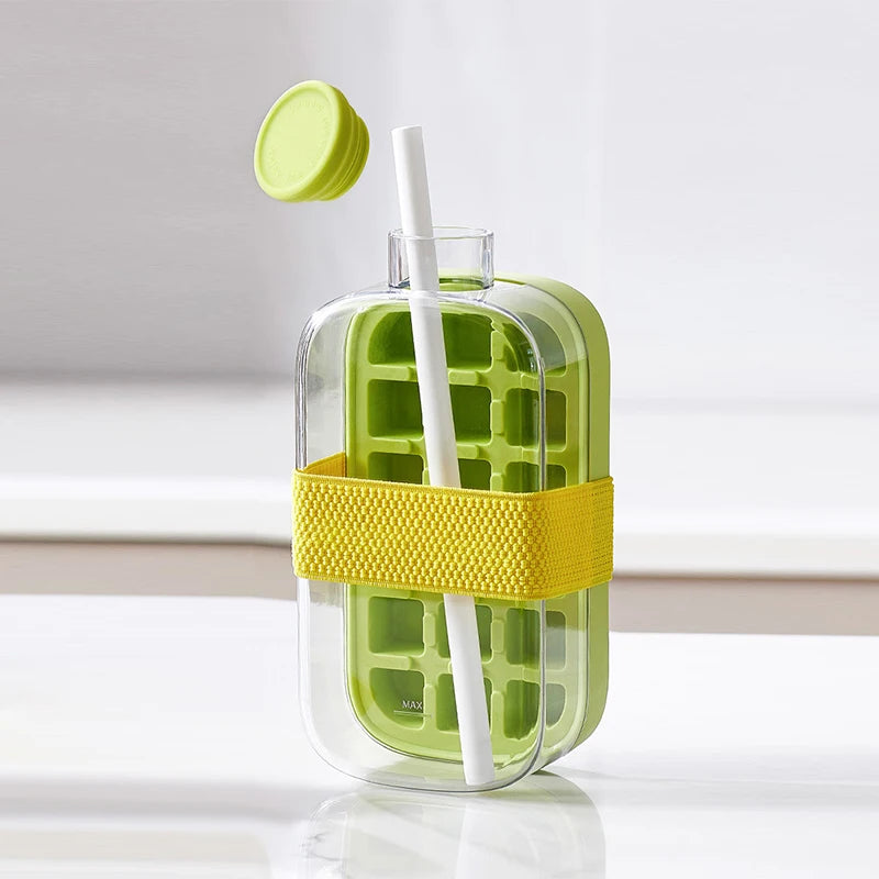 Cavira 2-in-1 ice cube maker bottle with lid and straw, portable press ice tray kettle for home, office, and travel use.