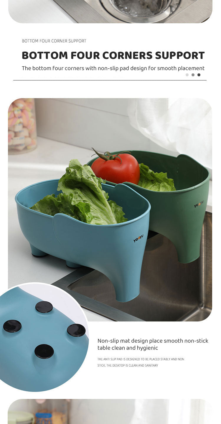 Cavira elephant-shaped drain basket for kitchen, used as a fruit and vegetable colander, shown in four colorful designs.